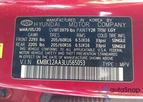 2020 Hyundai Kona Se from USA, damaged, VIN KM8K12AA3LU565053